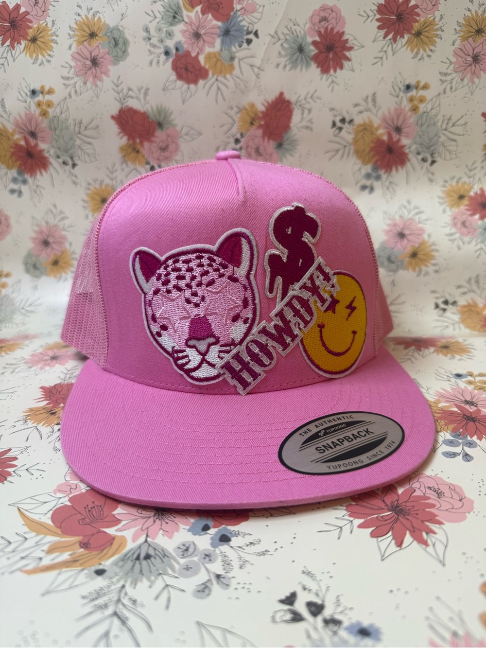 Pink Patchwork Trucker Cap with Leopard & Smiley Patches
